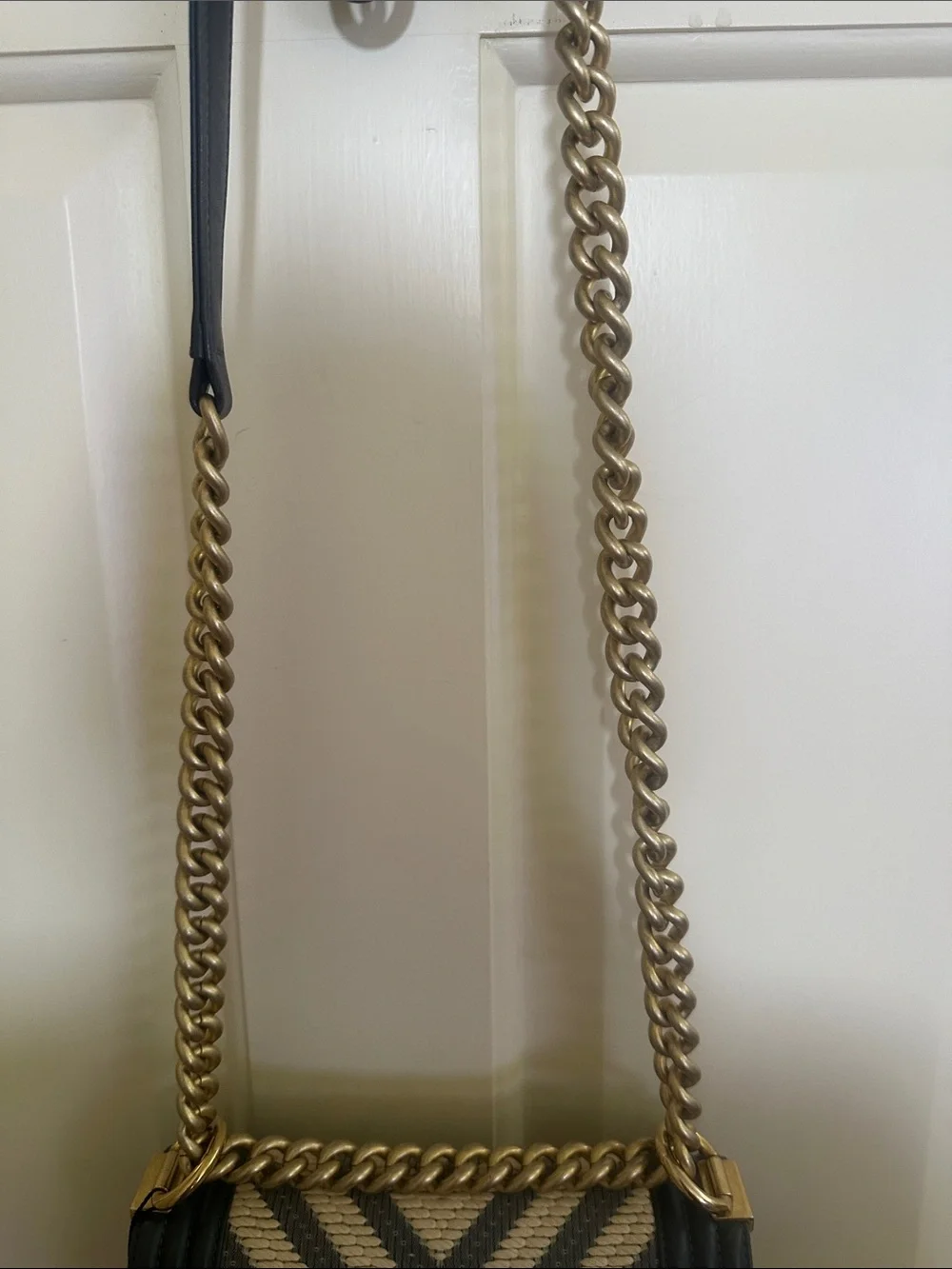 CHANEL small blue & Cream Chevron and Leather Boy Crossbody
